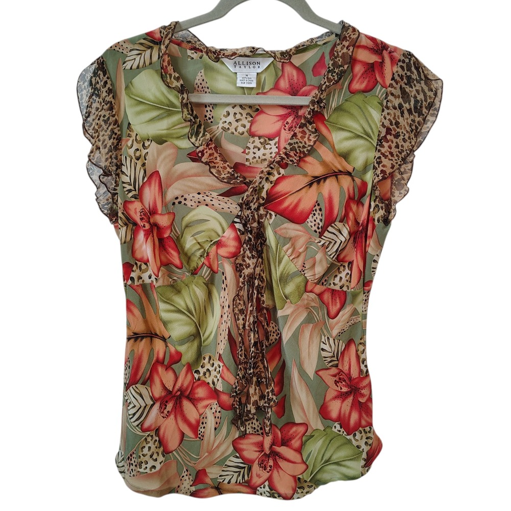 Vintage Y2K Allison Taylor Womens‎ Blouse Medium 100% Silk Retro Floral Cheetah